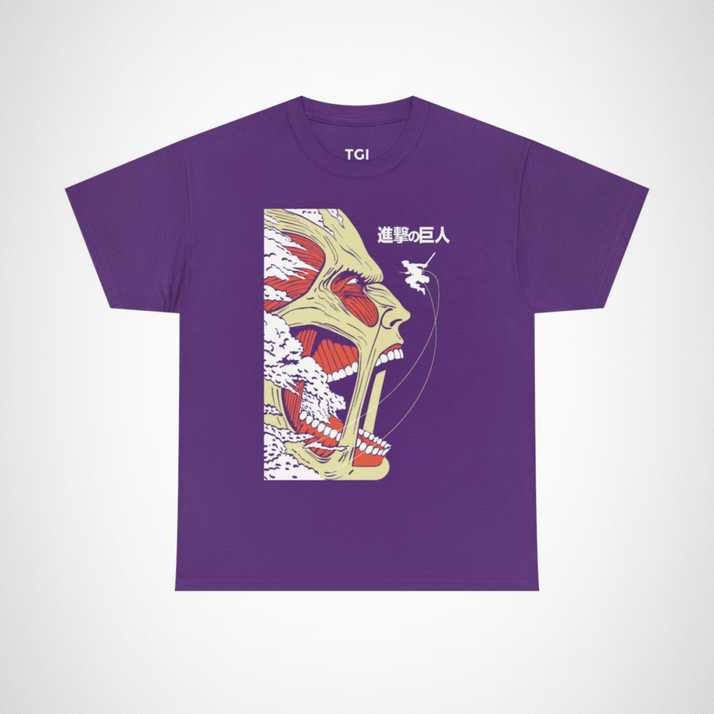 Epic Titan Face Attack on Titan T-Shirt showcasing bold anime design Purple colour