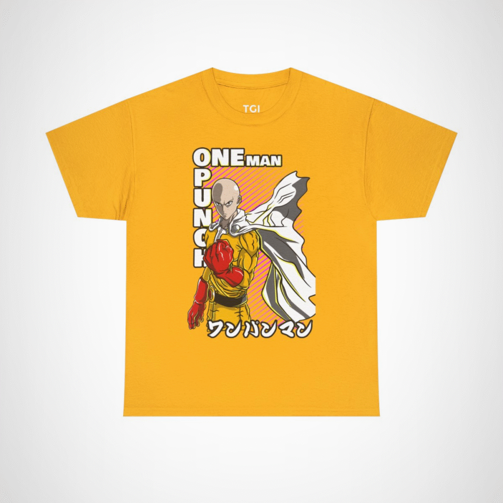 One Punch Man Saitama Epic Fight T-Shirt for anime fans Gold colour
