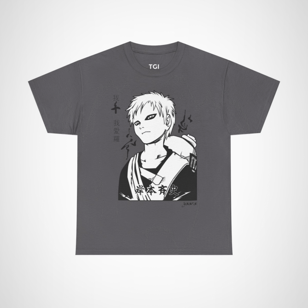 Monochrome manga character line art t-shirt for manga fans Charcoal colour