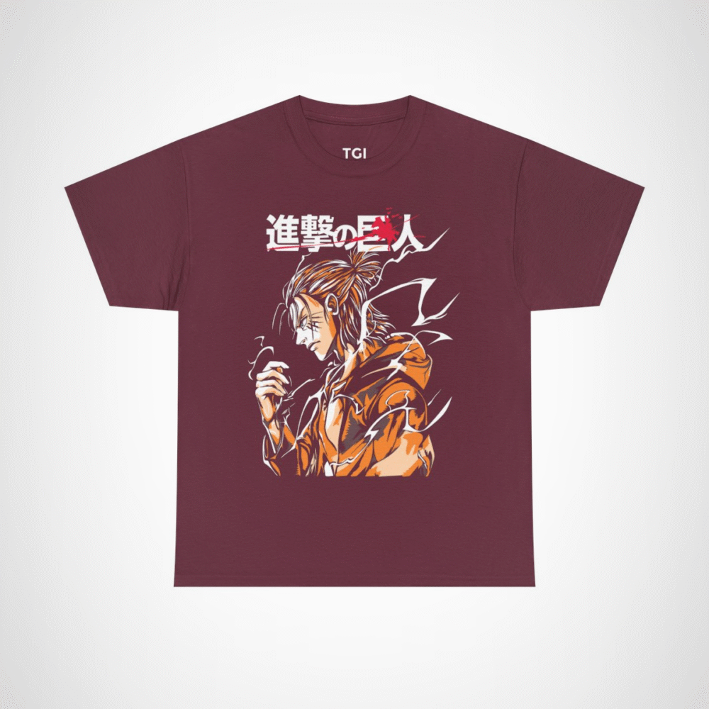 Attack on Titan inspired t-shirt featuring a titan slayer illustration Maroon colour