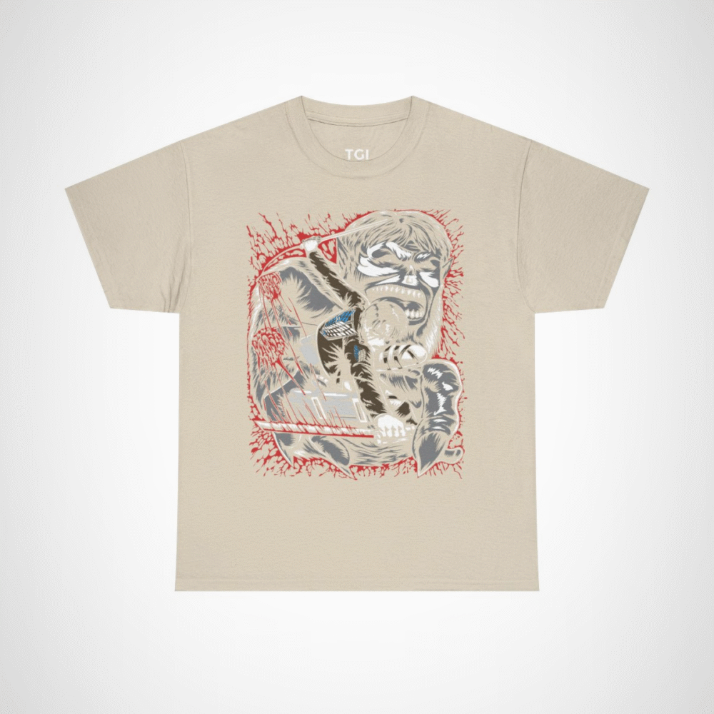 Epic Titans Battle T-Shirt featuring a fierce anime warrior design Sand colour