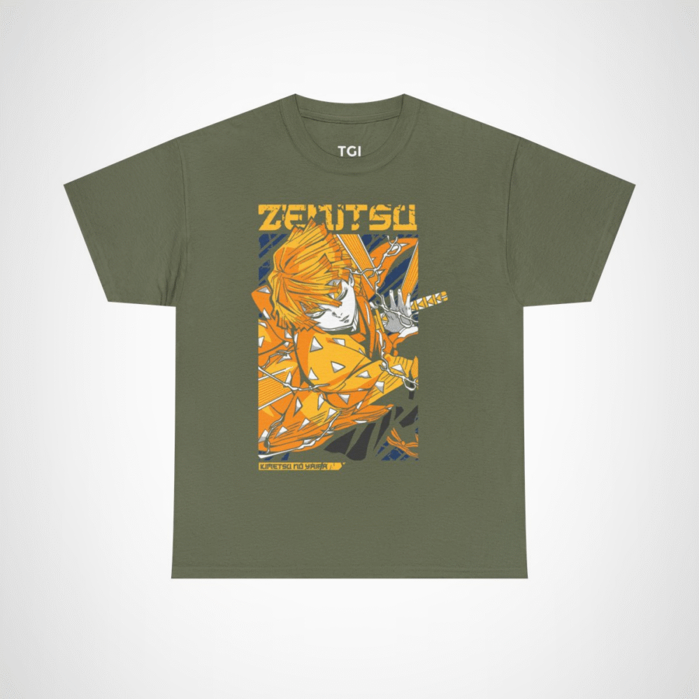 Vibrant Zenitsu Agatsuma T-Shirt featuring dynamic anime artwork Military Green colour