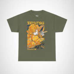 Vibrant Zenitsu Agatsuma T-Shirt featuring dynamic anime artwork Military Green colour