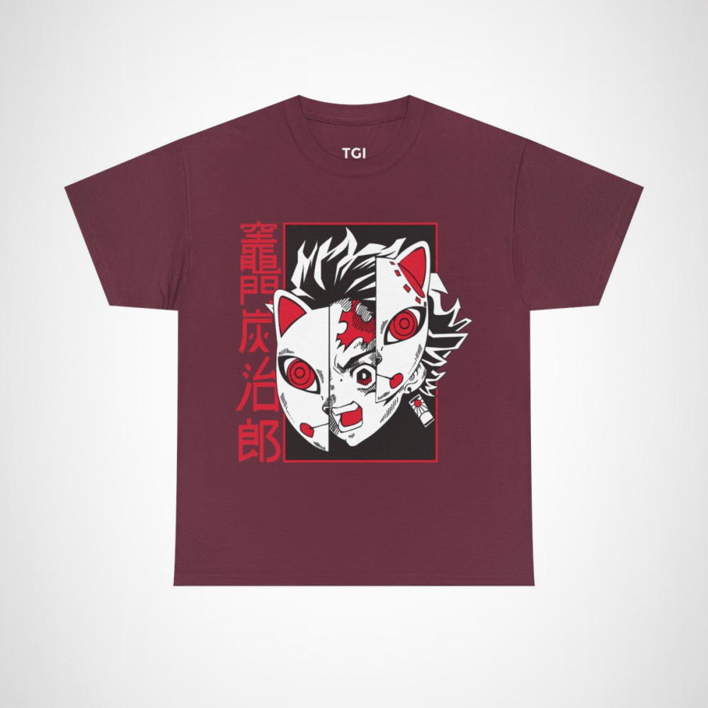 Bold Oni Mask Tee featuring intricate Oni design Maroon colour