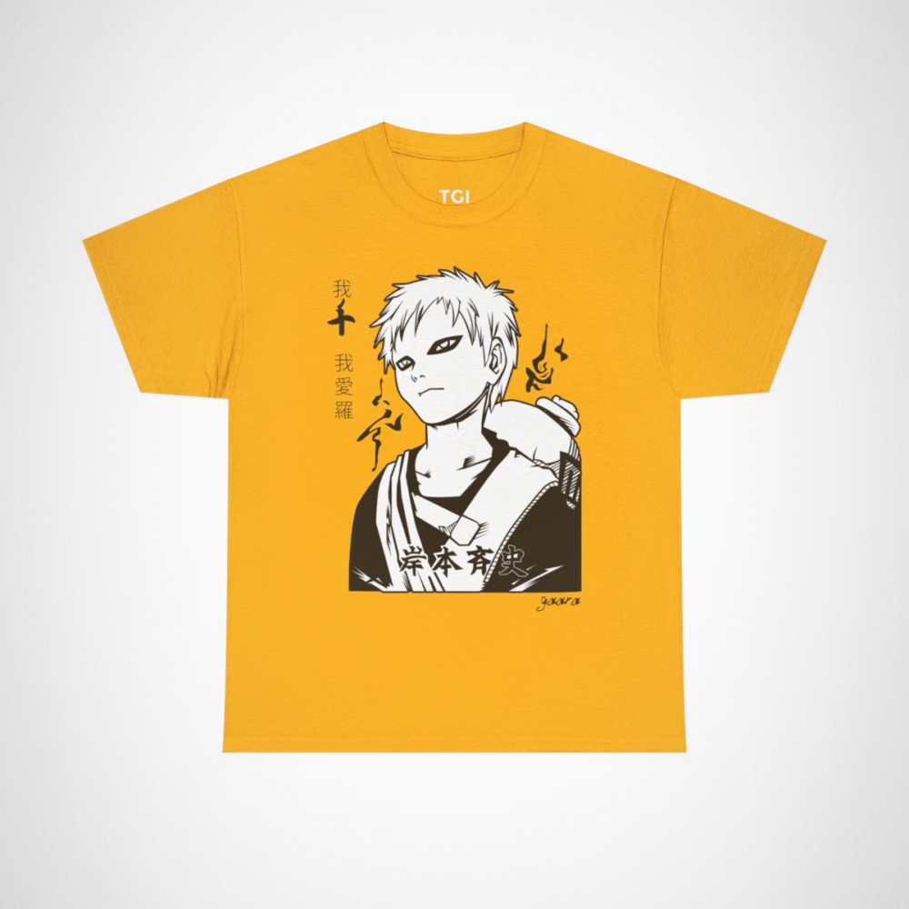 Monochrome manga character line art t-shirt for manga fans Gold colour