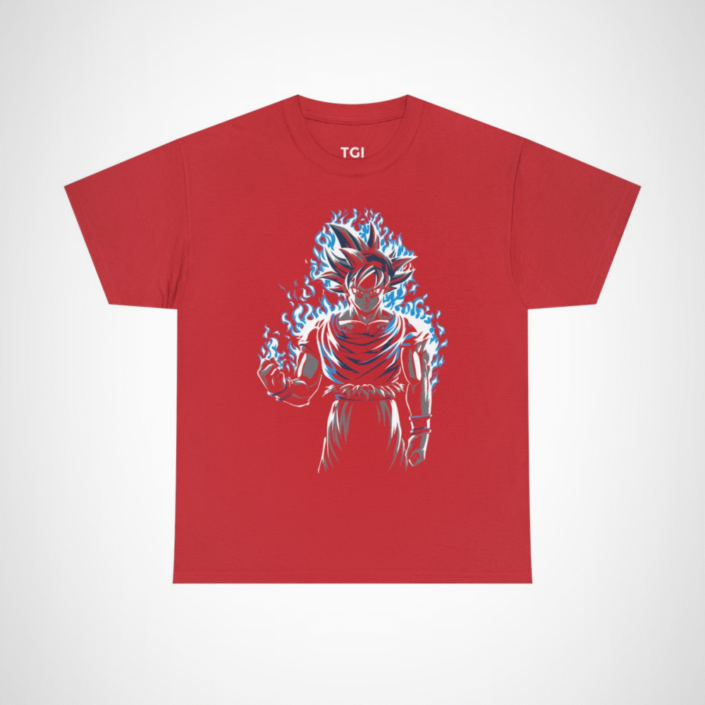 Epic Saiyan Power T-Shirt featuring a character surrounded by blue flames Red colour