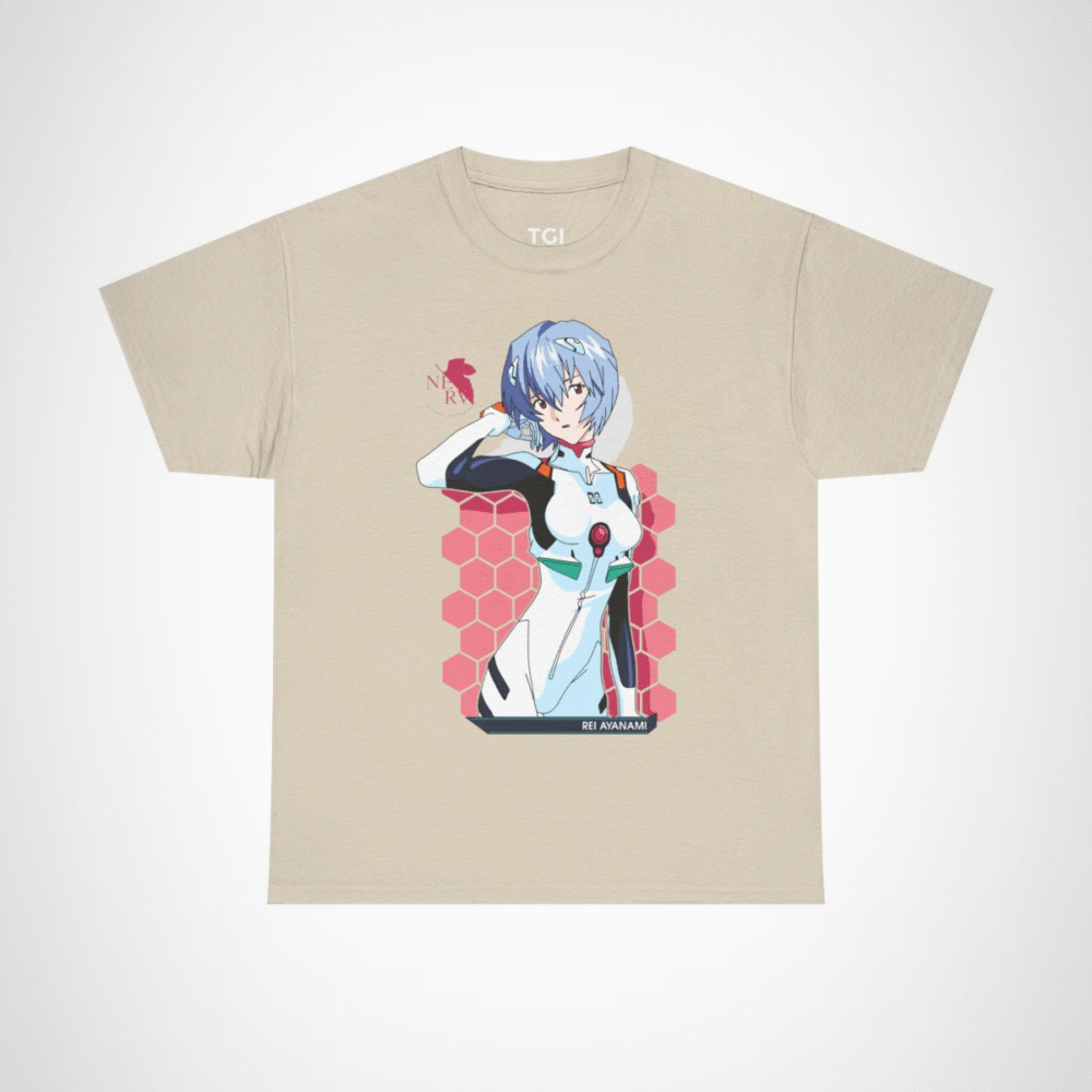 Rei Ayanami Neon Genesis Evangelion T-Shirt design featuring vibrant artwork Sand colour