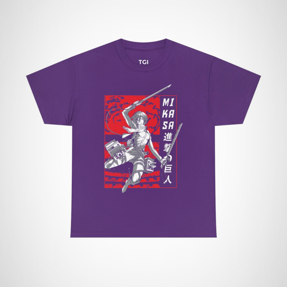 Mikasa Ackerman Attack on Titan T-Shirt design with vibrant graphics Purple colour