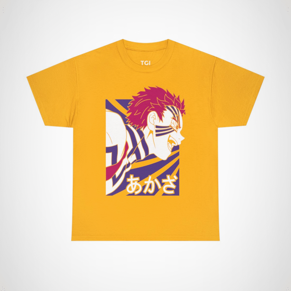 Fierce Akaza Anime Tee showcasing vibrant design and character illustration Gold colour