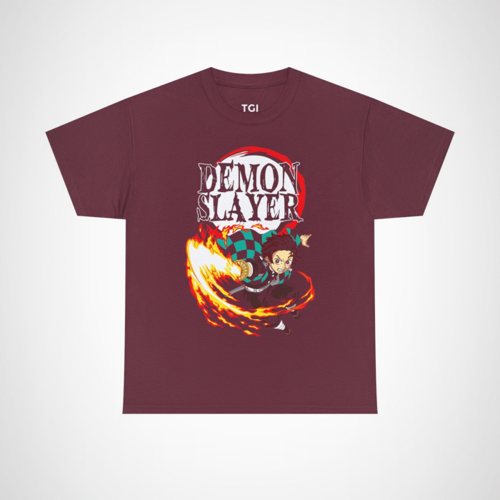 Demon Slayer Fiery Hero T-Shirt with dynamic anime character design Maroon colour