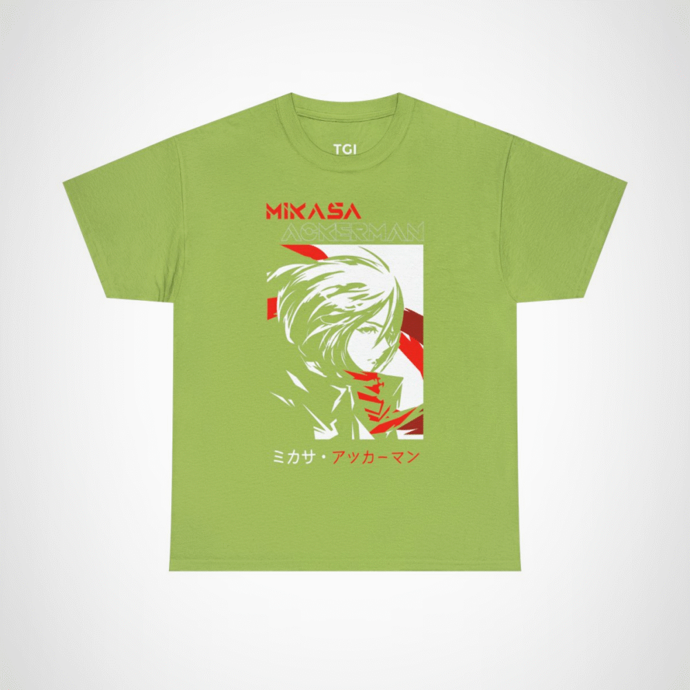 Mikasa Ackerman T-Shirt featuring vibrant artwork from Attack on Titan Kiwi colour