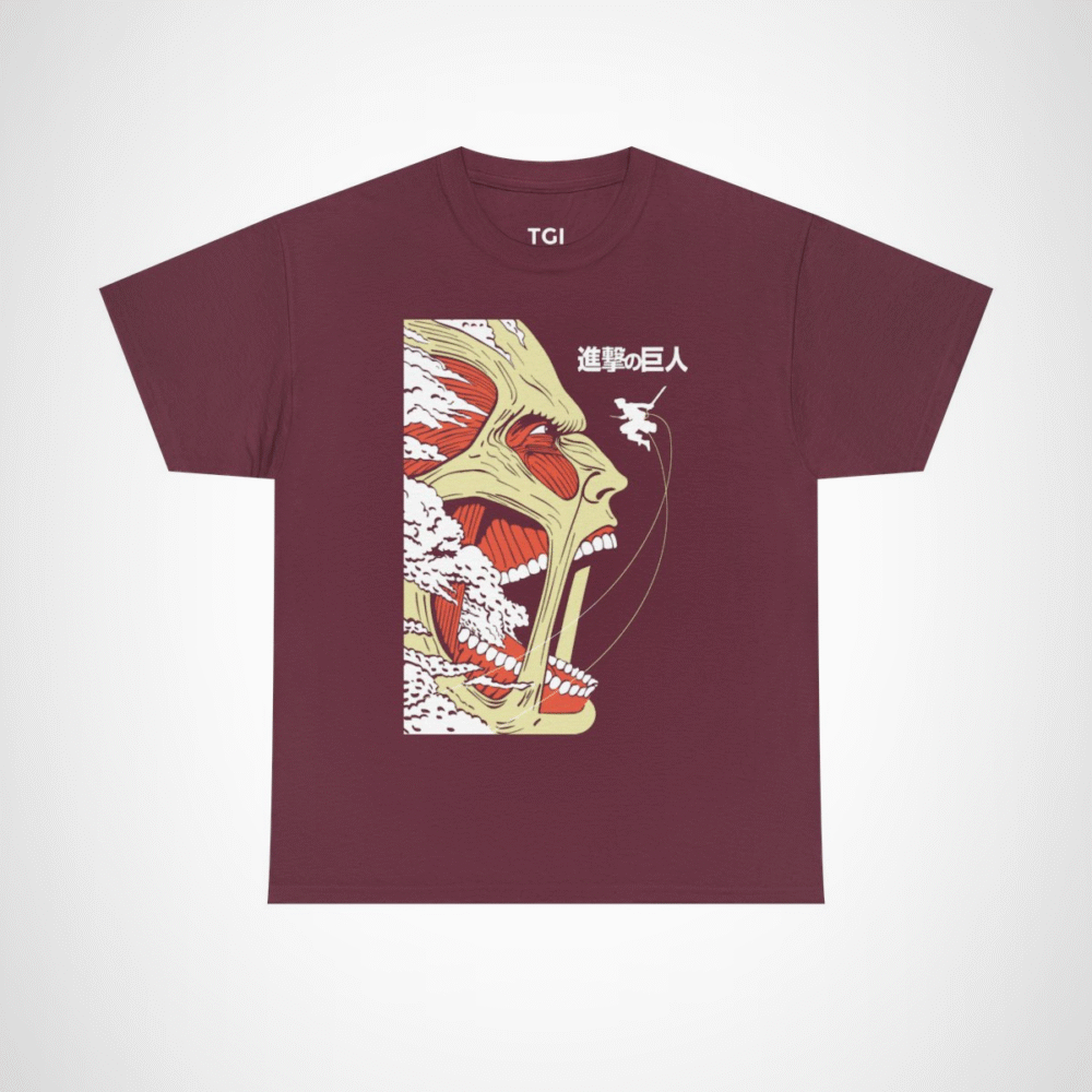 Epic Titan Face Attack on Titan T-Shirt showcasing bold anime design Maroon colour