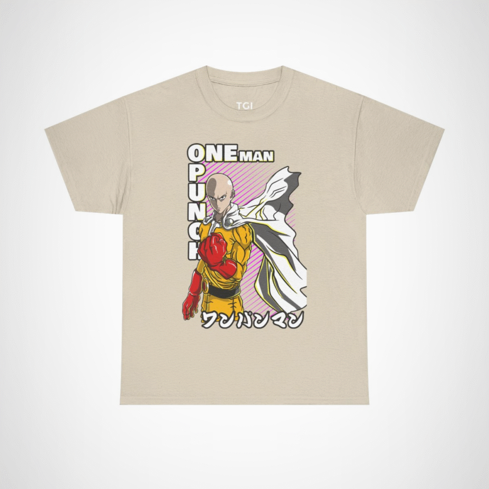 One Punch Man Saitama Epic Fight T-Shirt for anime fans Sand colour