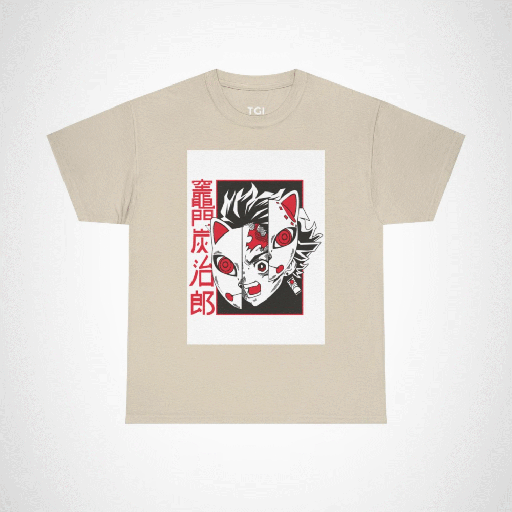 Stylish Oni Mask Graphic Tee showcasing a unique Japanese design for anime lovers Sand colour