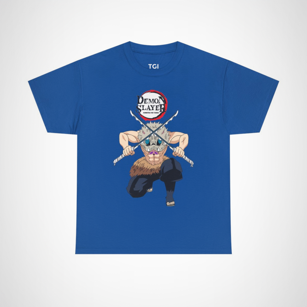Demon Slayer T-Shirt with fierce warrior design and dual swords Royal colour