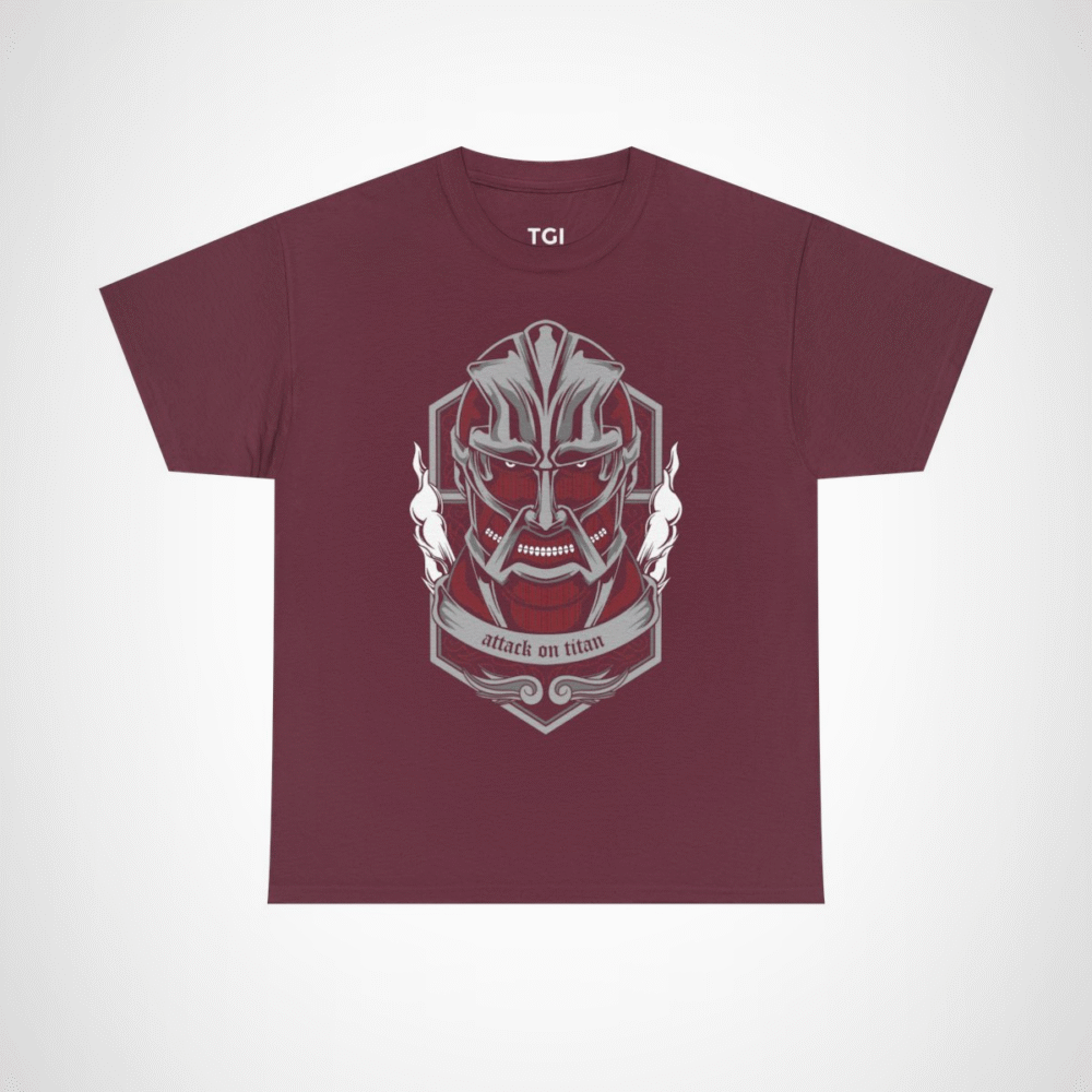 Fierce Titan Graphic Tee showcasing a bold titan design for anime enthusiasts Maroon colour