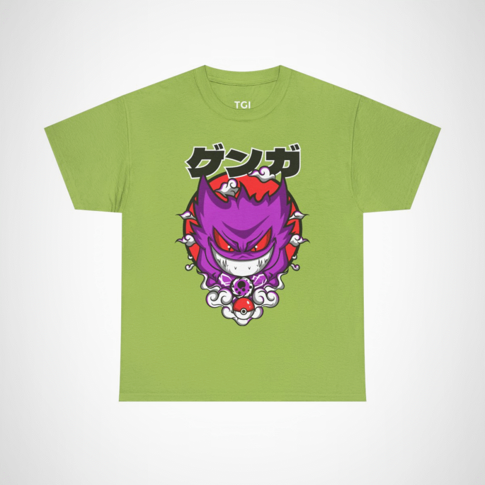 Gengar Ghostly Adventures T-Shirt featuring vibrant design and swirling clouds Kiwi colour