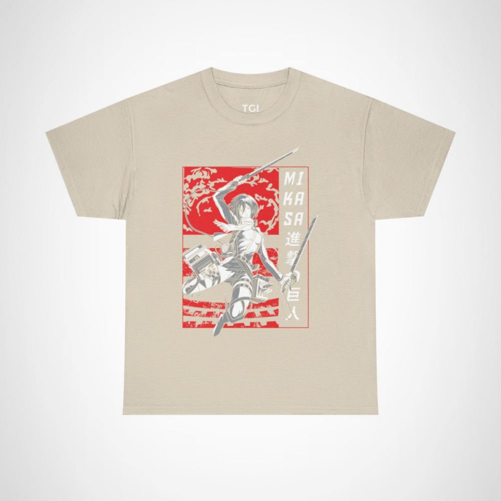 Mikasa Ackerman Attack on Titan T-Shirt design with vibrant graphics Sand colour