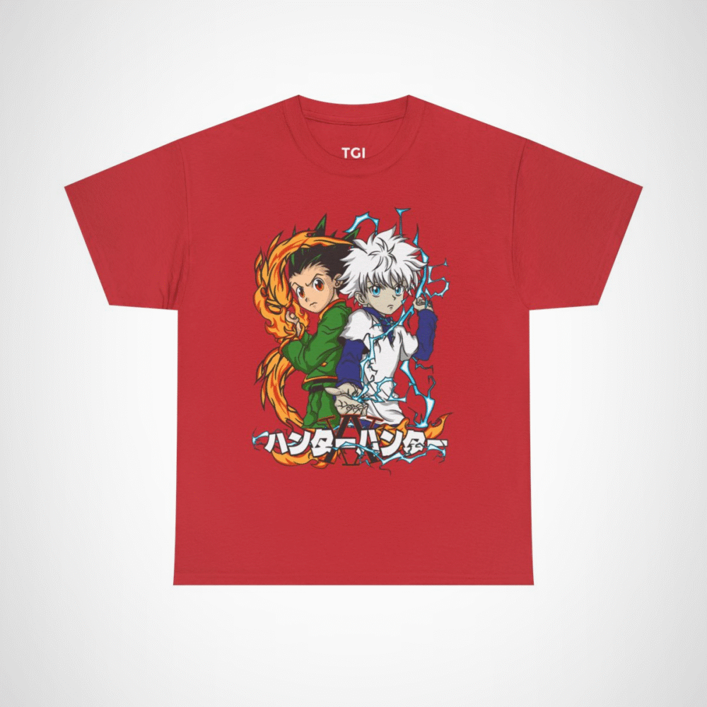 Stylish t-shirt featuring Gon and Killua from Hunter x Hunter, perfect for anime fans. Red colour