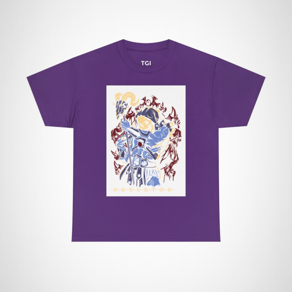 SKELETOR graphic t-shirt showcasing an intense villain design Purple colour