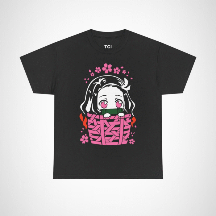 Admire this Cute Anime Girl in Basket T-Shirt, perfect for anime fans Black colour
