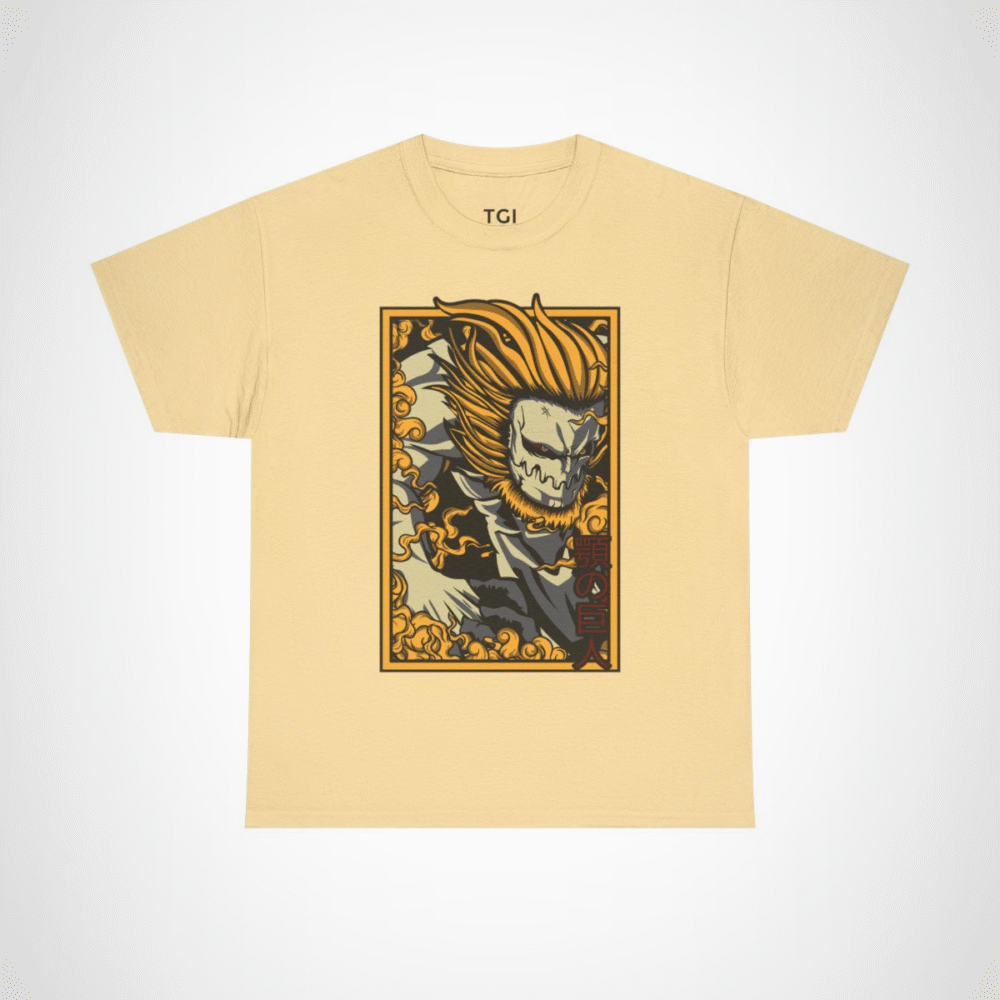 Fearless Giant Graphic Tee showcasing a giant with flames design Yellow Haze colour
