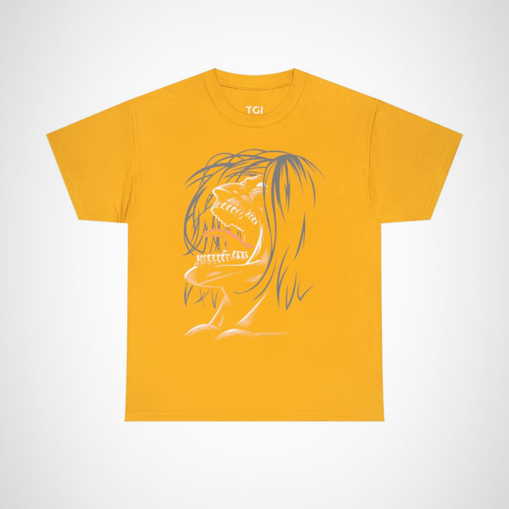 Fierce Grinning Creature T-Shirt with unique graphic design Gold colour