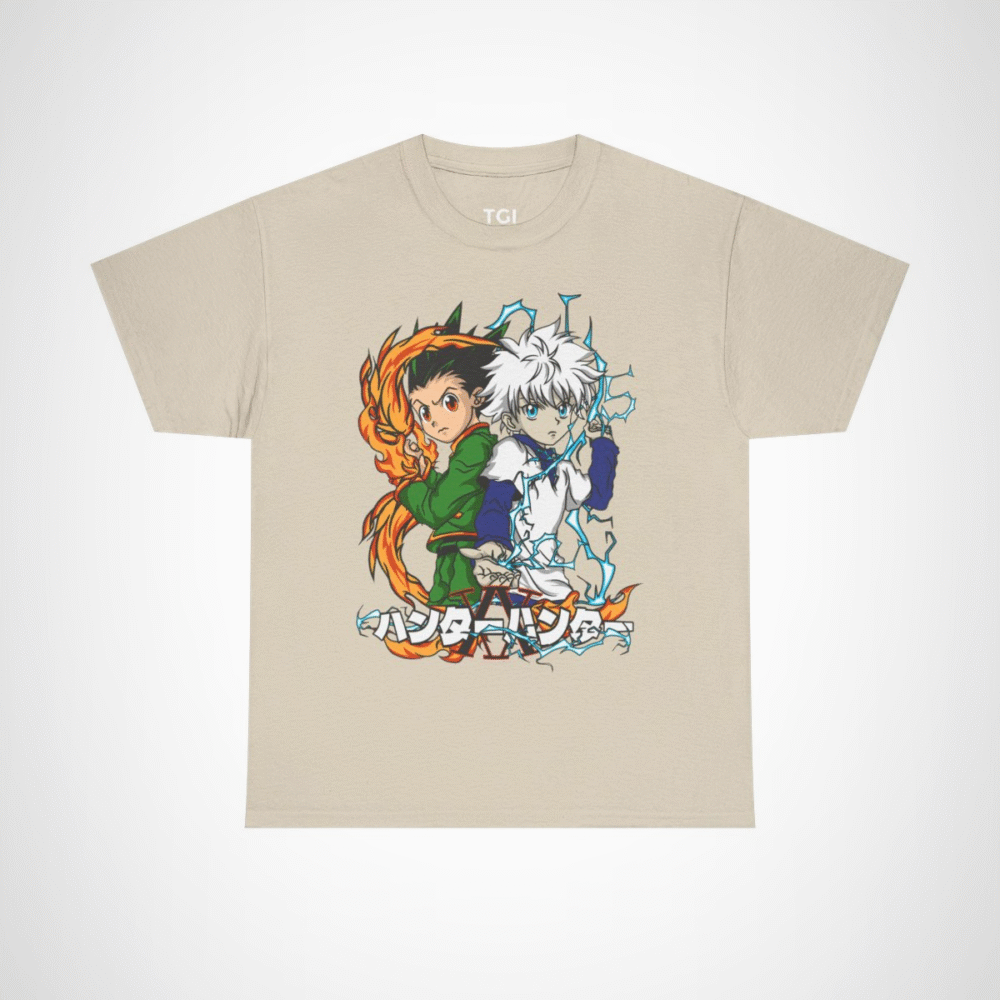 Stylish t-shirt featuring Gon and Killua from Hunter x Hunter, perfect for anime fans. Sand colour