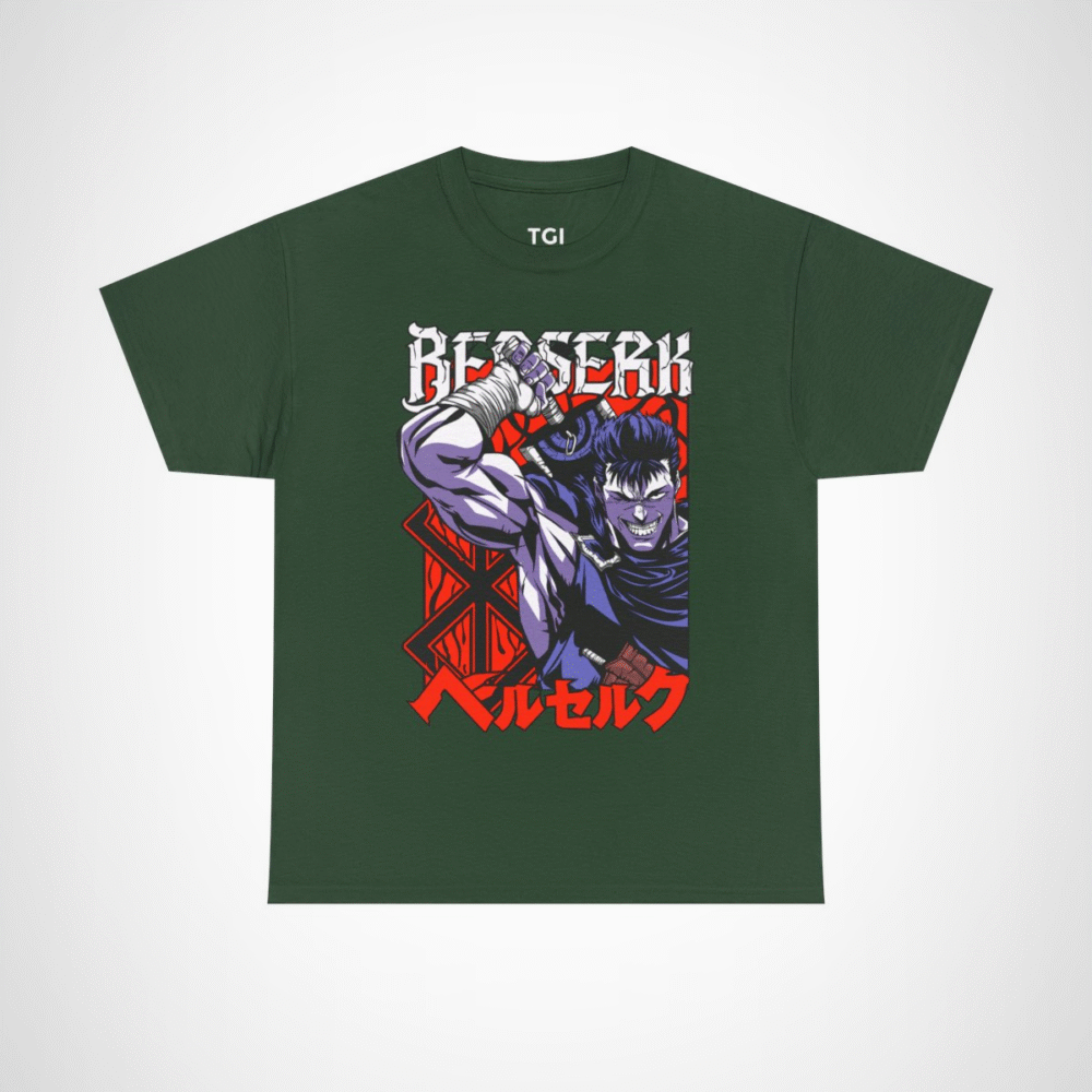 Berserk Graphic T-Shirt featuring a fierce warrior design for anime fans Forest Green colour