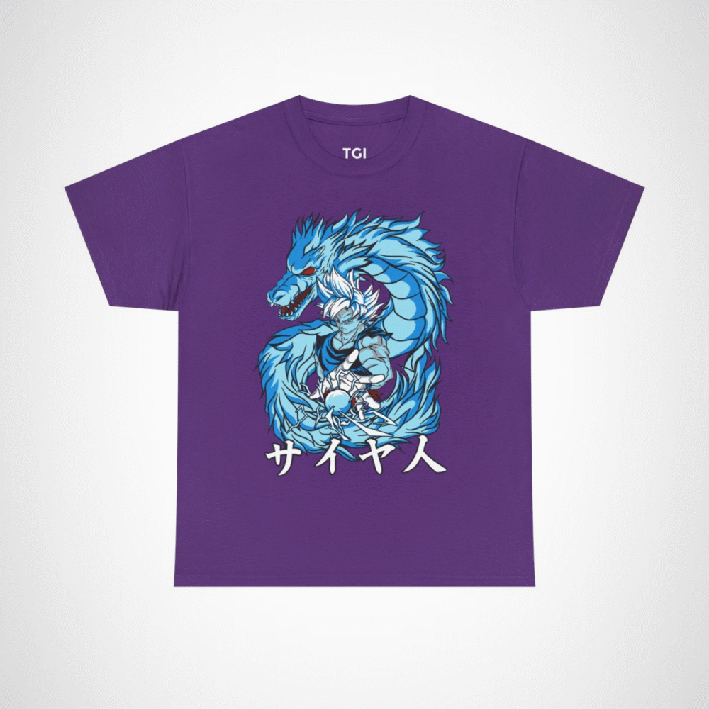 Epic Saiyan Dragon Power Graphic Tee for anime enthusiasts Purple colour