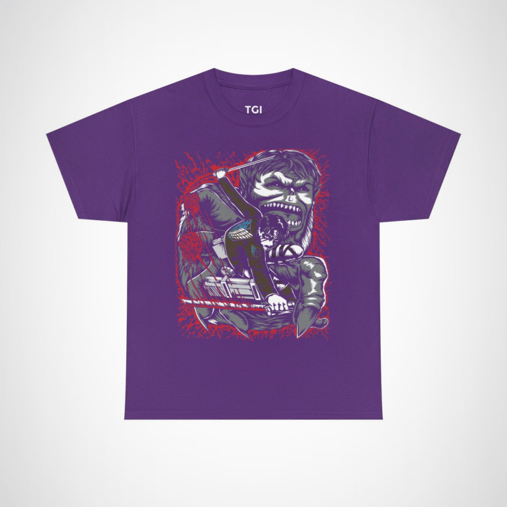 Epic Titans Battle T-Shirt featuring a fierce anime warrior design Purple colour