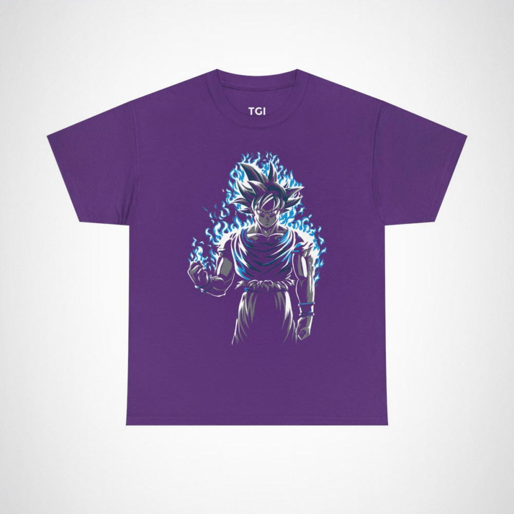 Epic Saiyan Power T-Shirt featuring a character surrounded by blue flames Purple colour