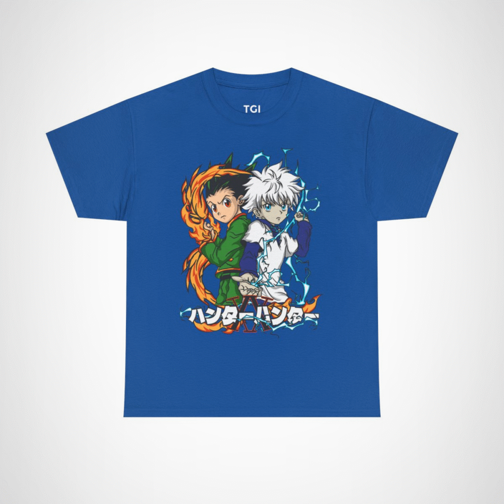 Stylish t-shirt featuring Gon and Killua from Hunter x Hunter, perfect for anime fans. Royal colour