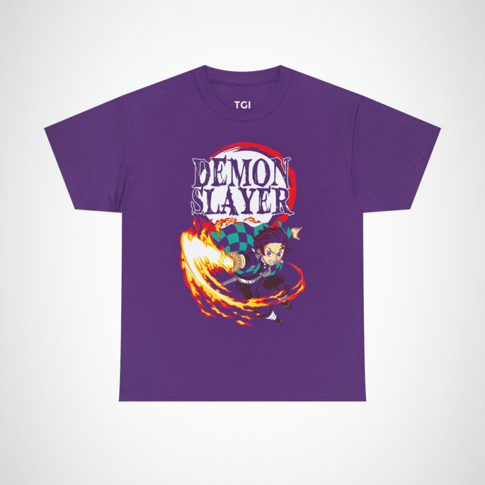 Demon Slayer Fiery Hero T-Shirt with dynamic anime character design Purple colour