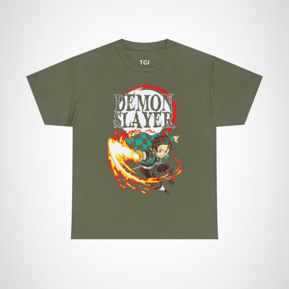 Demon Slayer Fiery Hero T-Shirt with dynamic anime character design Military Green colour