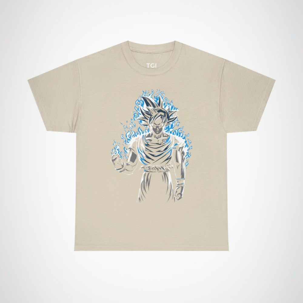 Epic Saiyan Power T-Shirt featuring a character surrounded by blue flames Sand colour
