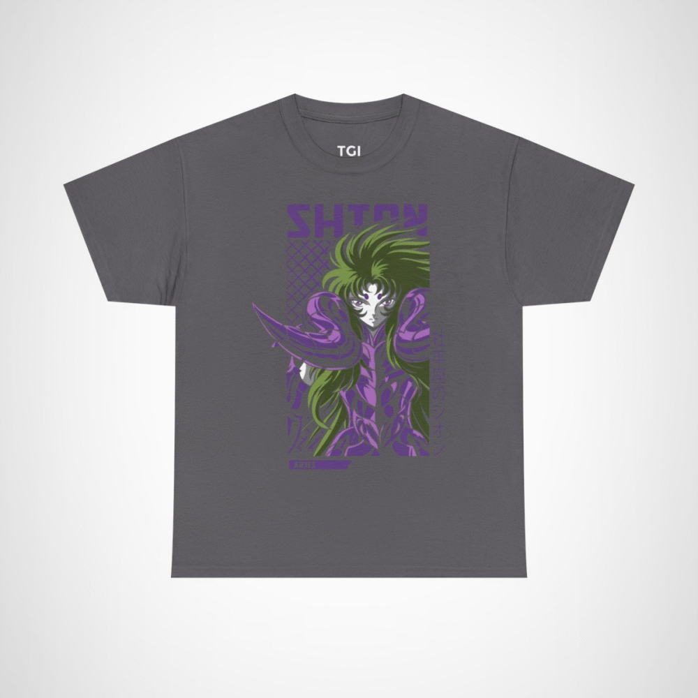 Aries Shion Mythical Warrior T-Shirt featuring stunning anime art Charcoal colour