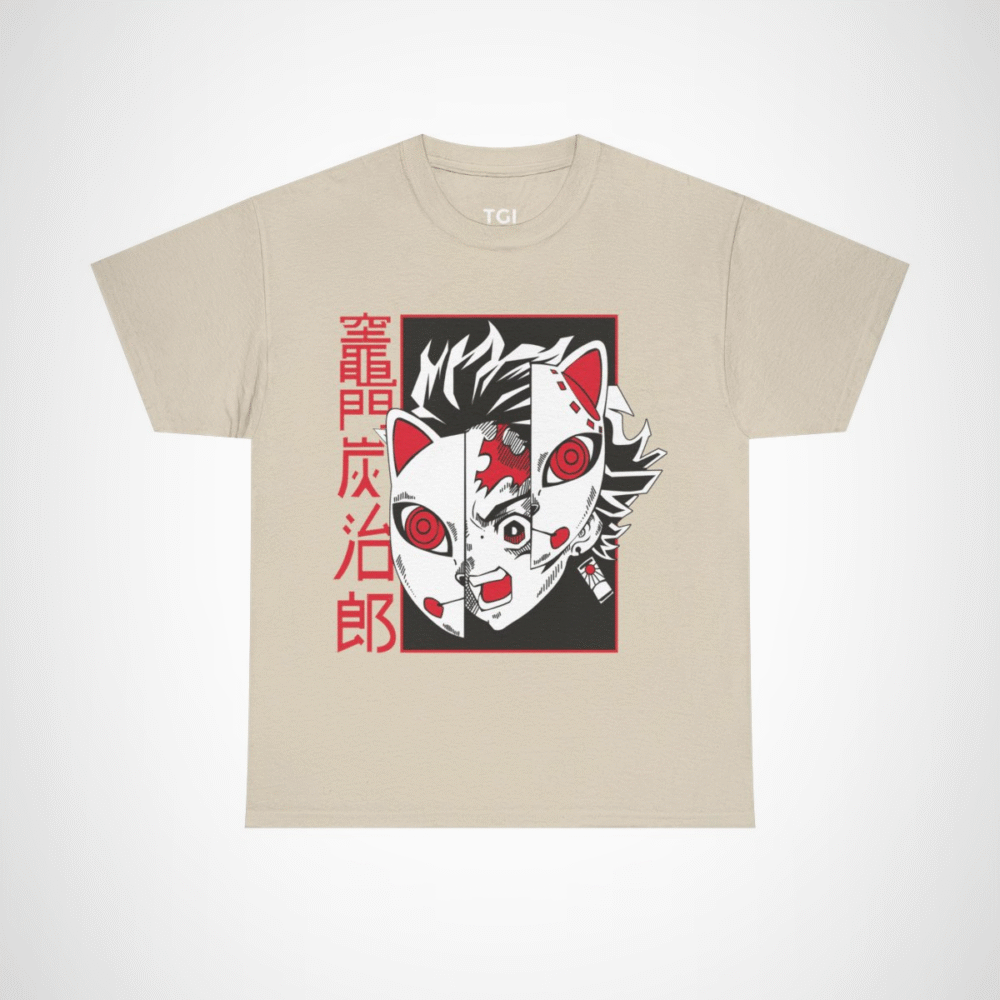 Bold Oni Mask Tee featuring intricate Oni design Sand colour