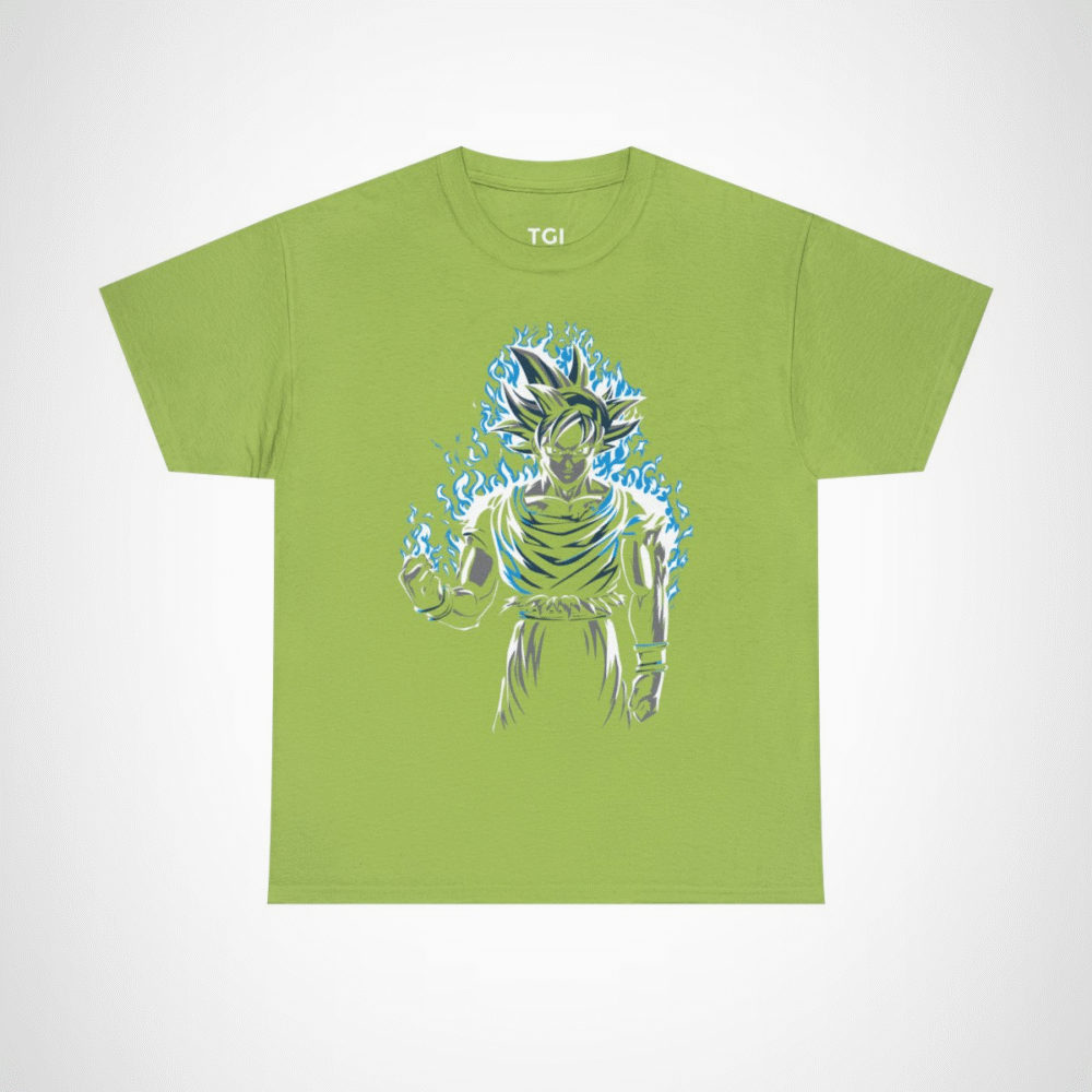 Epic Saiyan Power T-Shirt featuring a character surrounded by blue flames Kiwi colour
