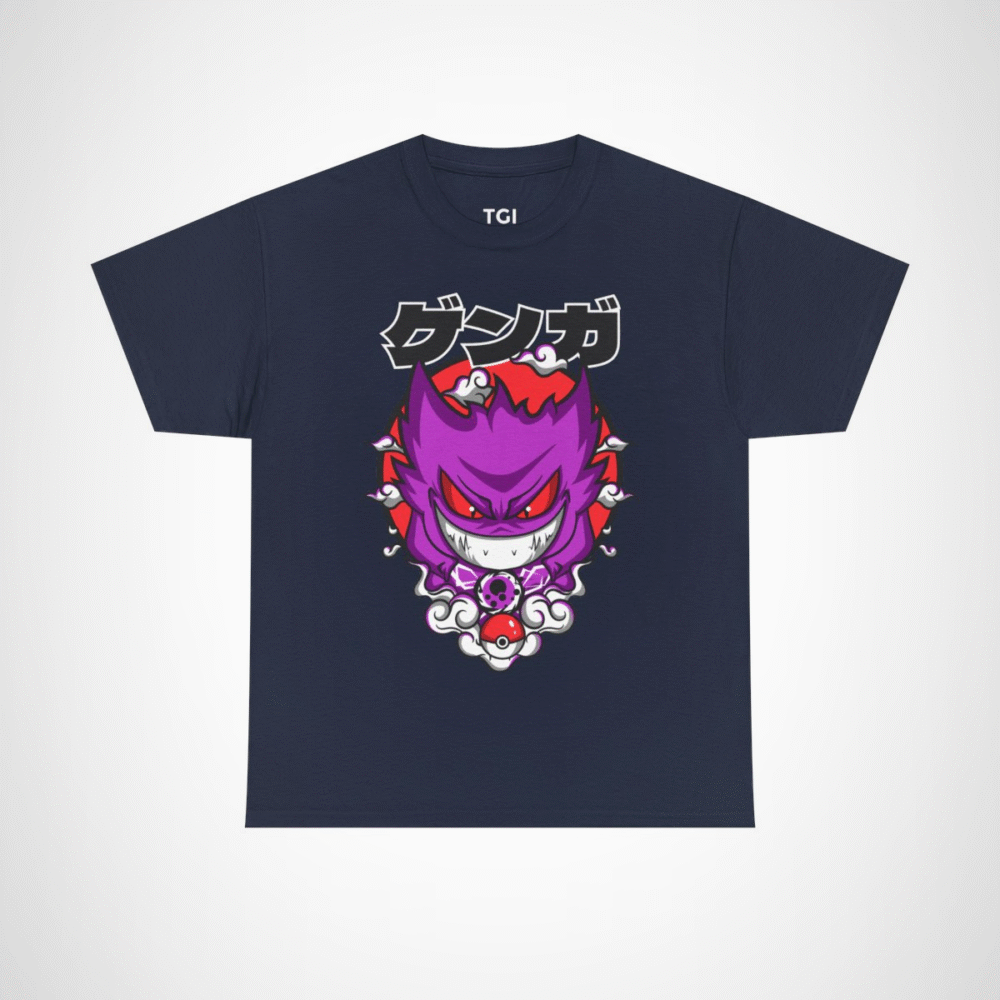 Gengar Ghostly Adventures T-Shirt featuring vibrant design and swirling clouds Navy colour