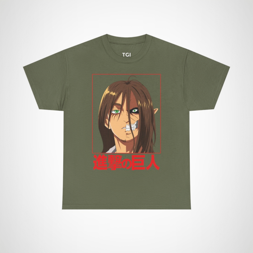 Fierce Titan Transformation Graphic Tee showcasing powerful anime character Military Green colour