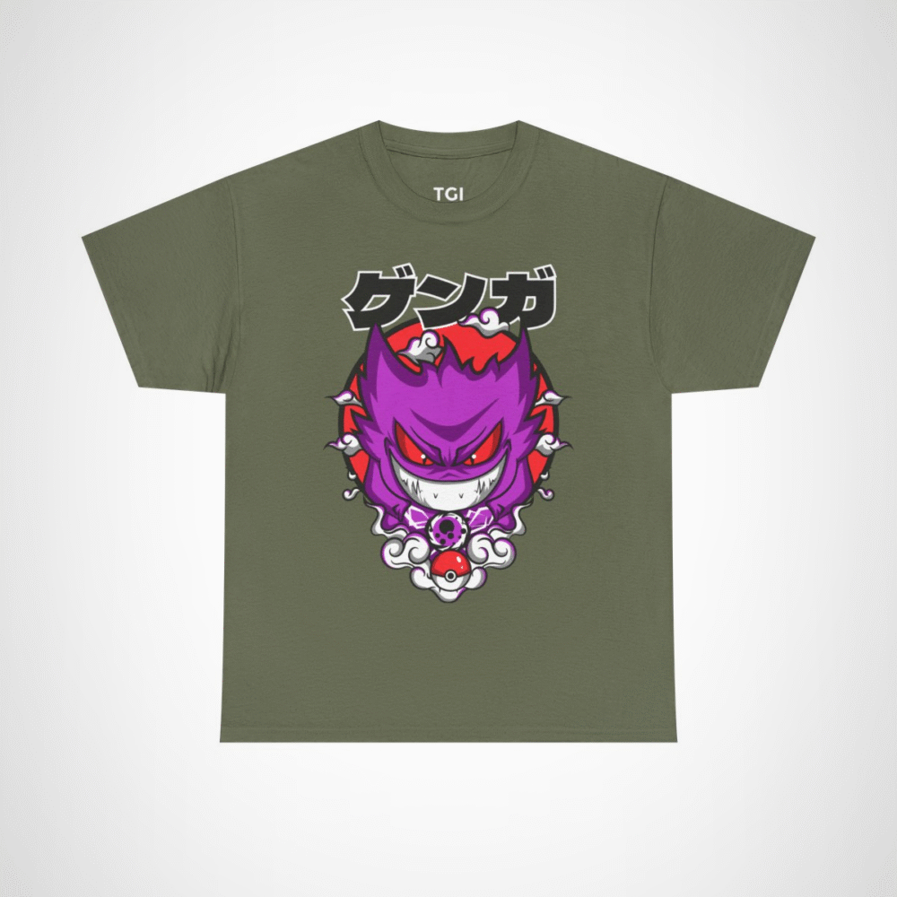 Gengar Ghostly Adventures T-Shirt featuring vibrant design and swirling clouds Military Green colour