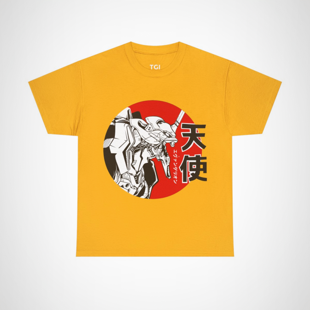 Epic Evangelion Mecha T-Shirt featuring stunning robot illustration Gold colour