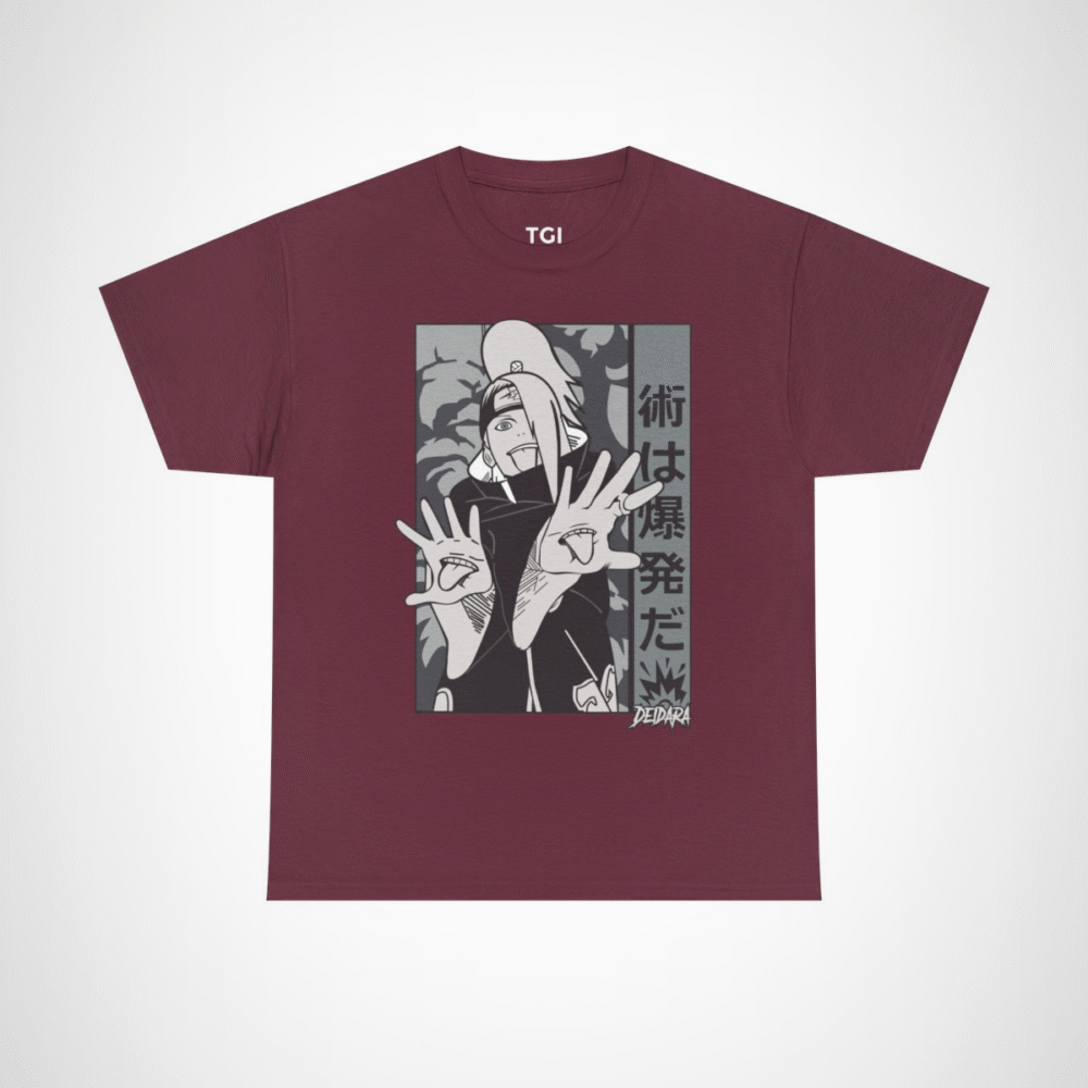 Deidara Expressionist Tee showcasing vibrant anime art and character pose Maroon colour