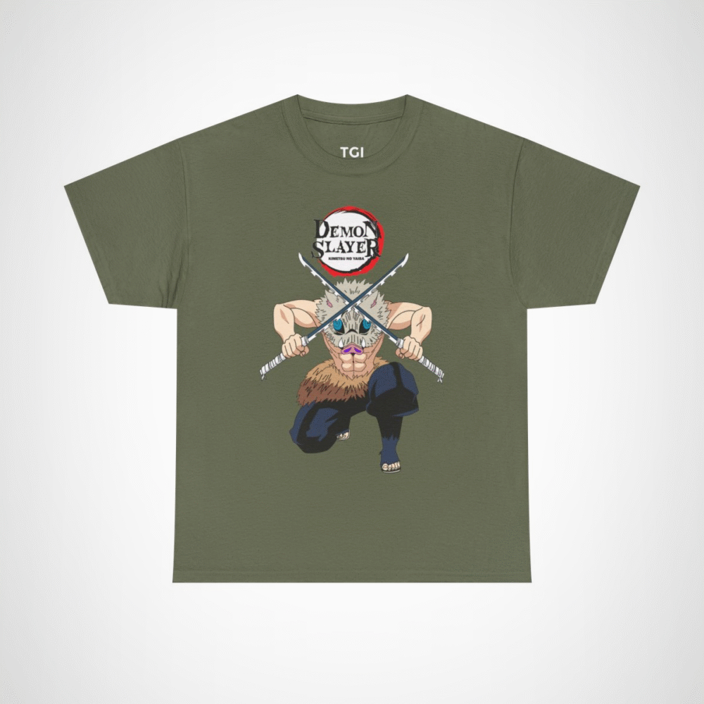 Demon Slayer T-Shirt with fierce warrior design and dual swords Military Green colour