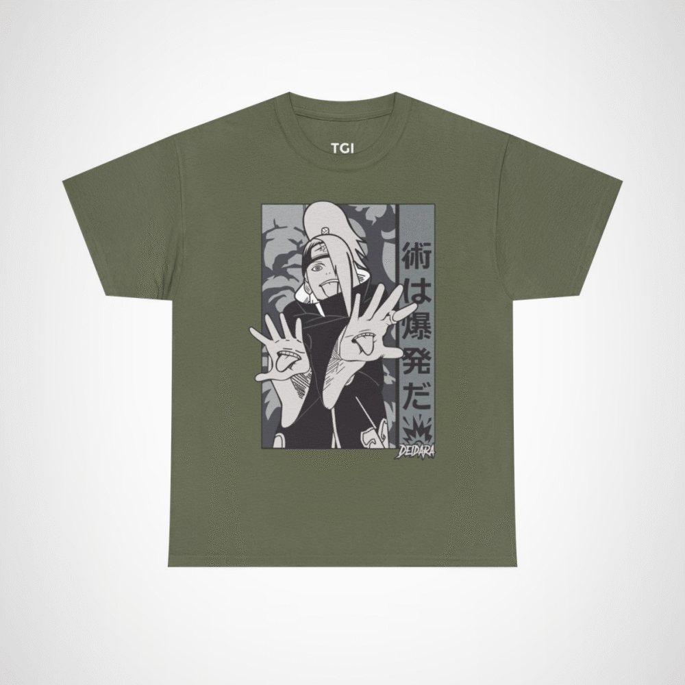 Deidara Expressionist Tee showcasing vibrant anime art and character pose Military Green colour