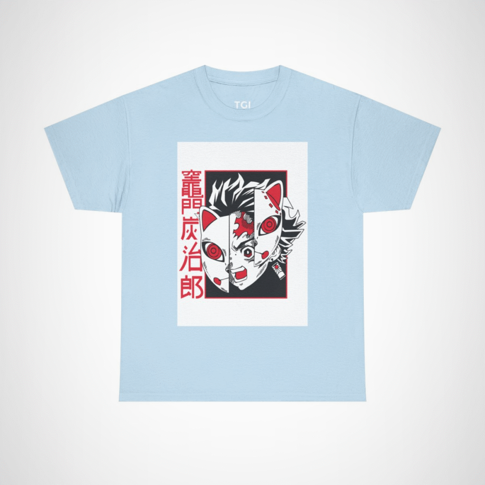 Stylish Oni Mask Graphic Tee showcasing a unique Japanese design for anime lovers Light Blue colour