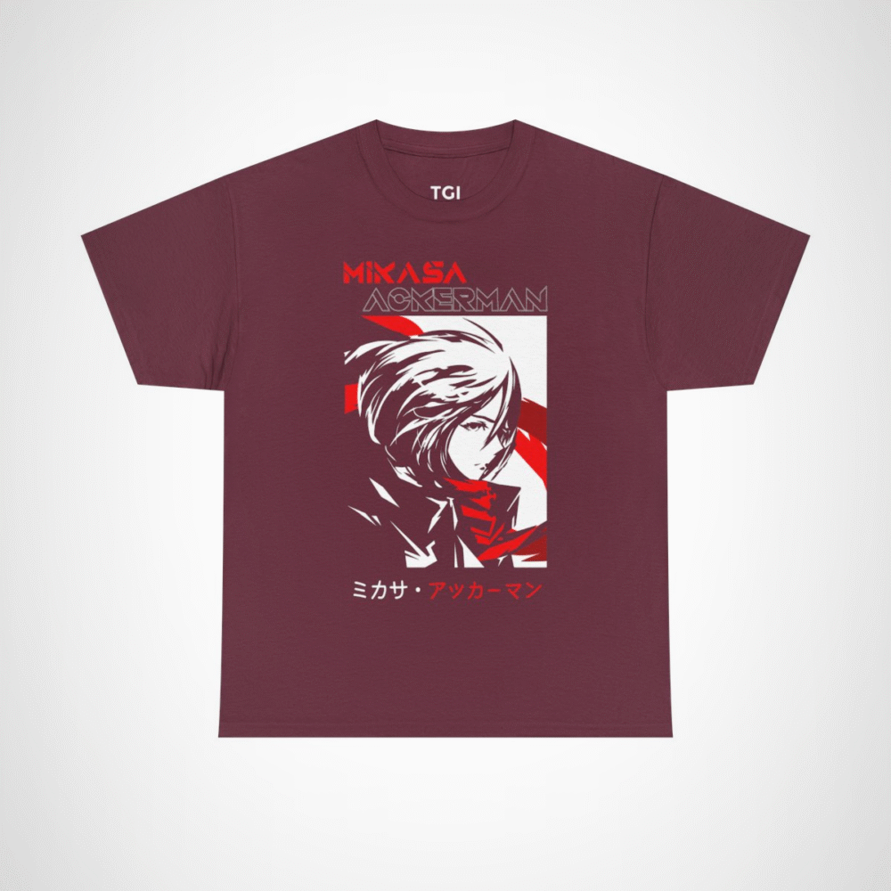Mikasa Ackerman T-Shirt featuring vibrant artwork from Attack on Titan Maroon colour