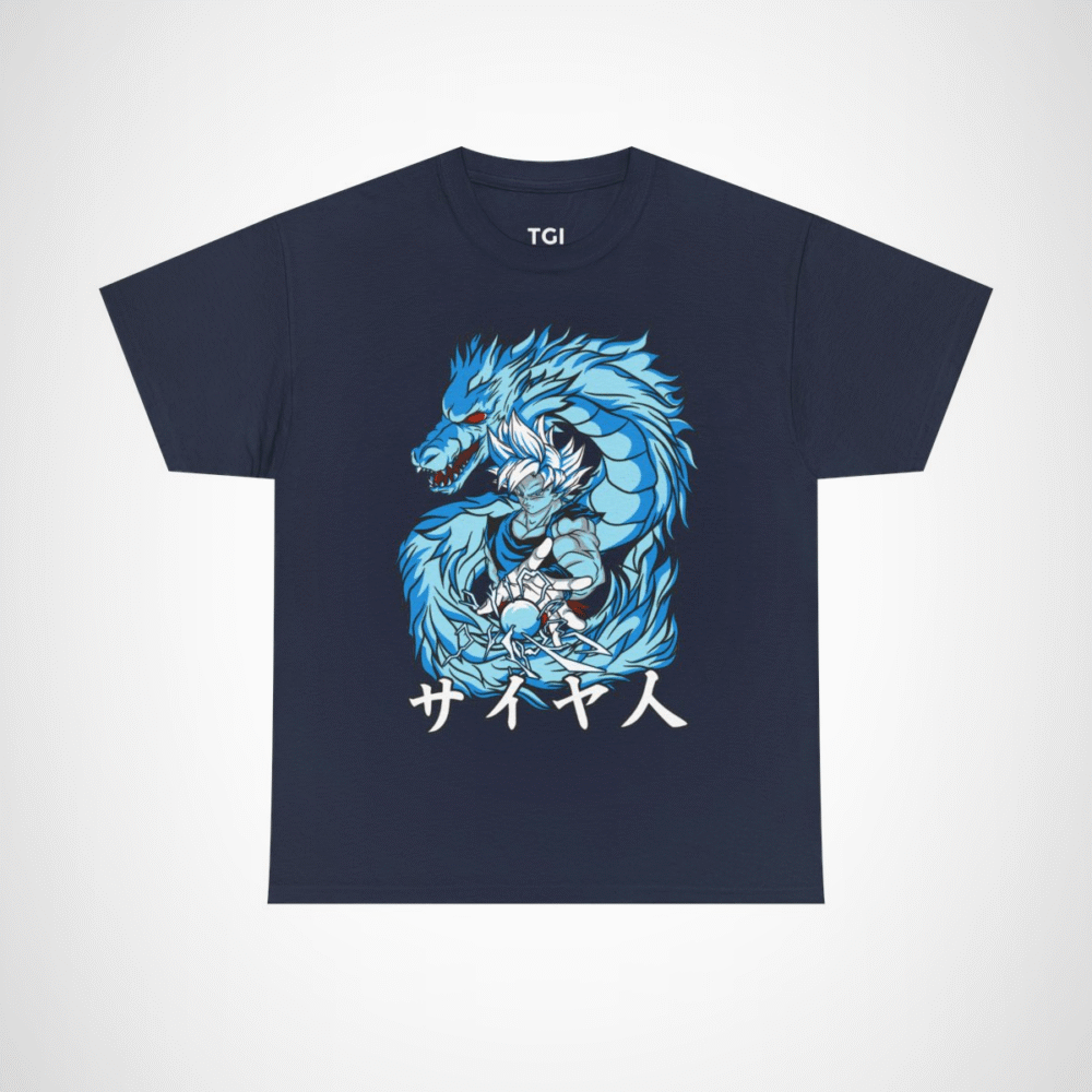 Epic Saiyan Dragon Power Graphic Tee for anime enthusiasts Navy colour