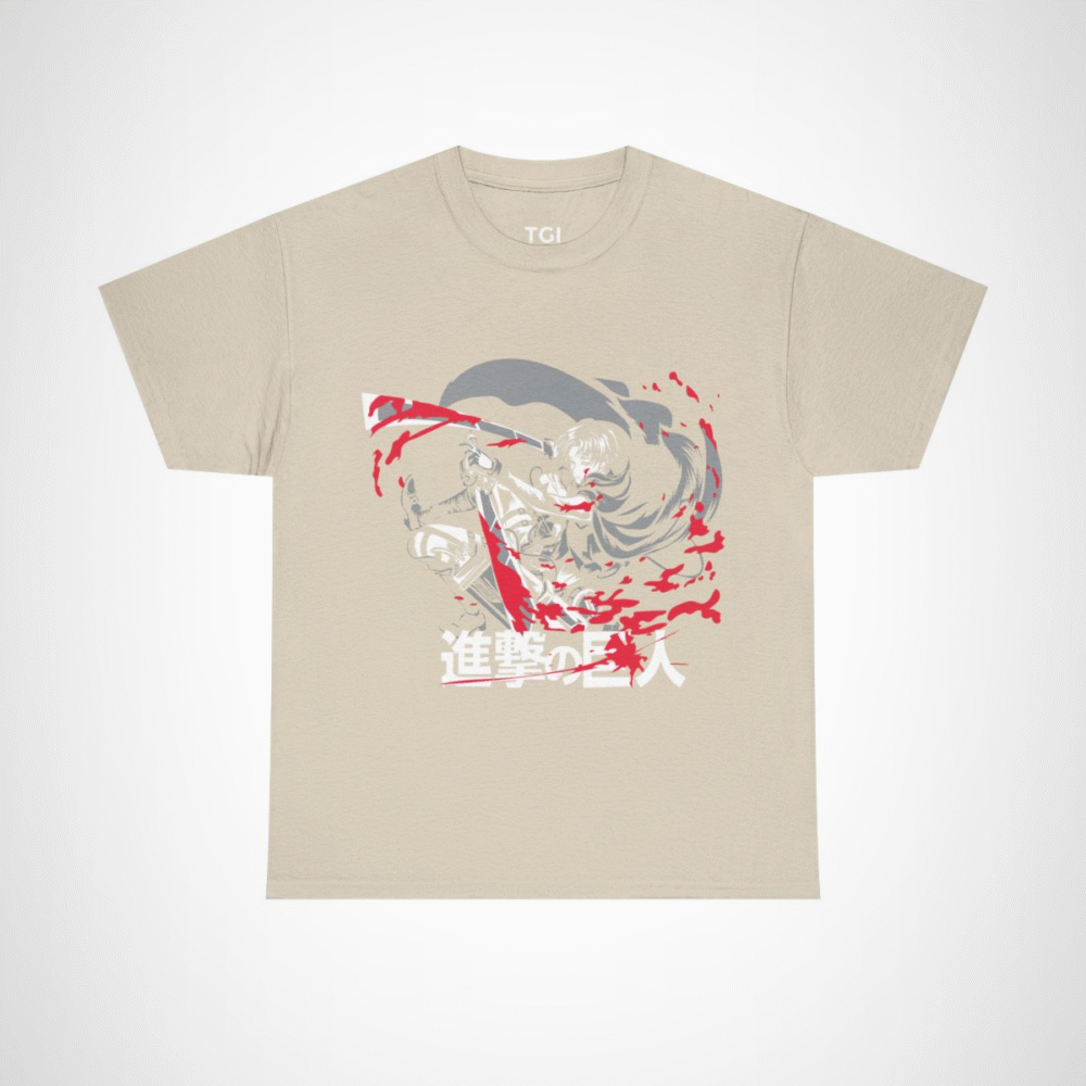 Epic Titans Battle T-Shirt featuring bold anime-inspired design Sand colour